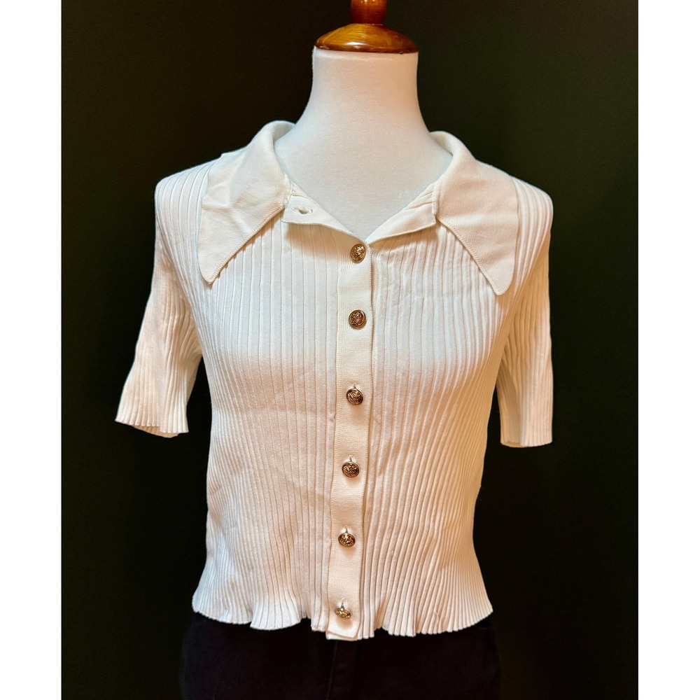 Assual Ribbed Ivory Short Sleeve Button Down Top Women's Size S